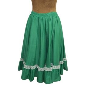 Vintage Circle Skirt Womens Size‎ M Kelly Green Lace Trim Full Elastic Waist